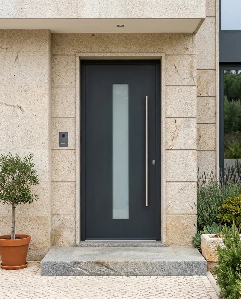 Porta de entrada em aço com uma faixa vertical de vidro