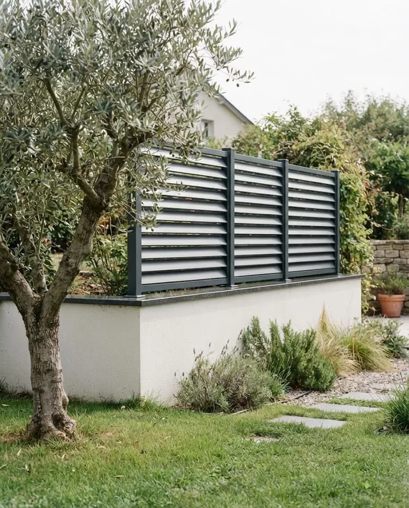 Painéis tapa-vistas metálicos sobre um muro de jardim